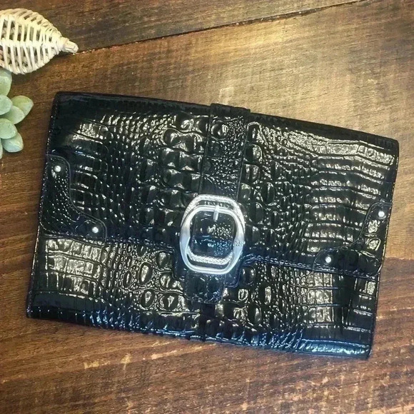 Jessica Simpson | Black Patent Faux Croc Embossed Leather Clutch - Picture 1 of 6